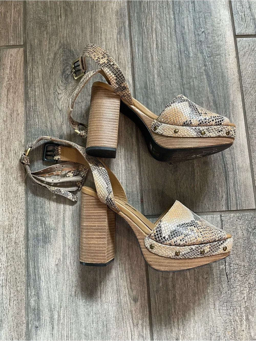 Free People Tan Snake-Print Block Heel Sandals